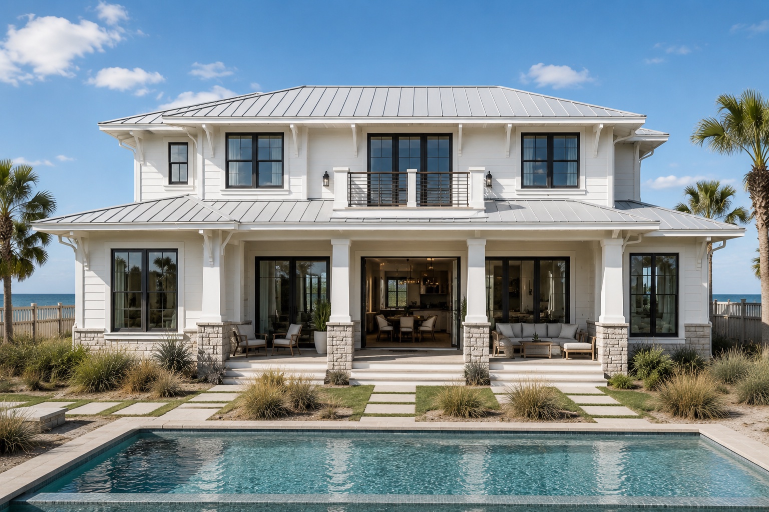 The Marisol — coastal modern farmhouse custom home exterior in Malibu