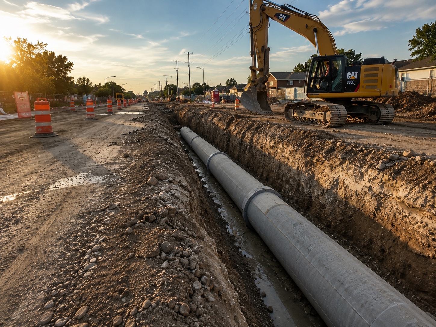 Water main and storm drain pipe installation